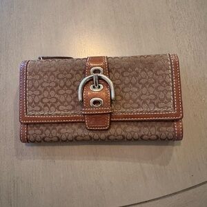 Coach Brown Signature Canvas Wallet with Leather Trim and Buckle